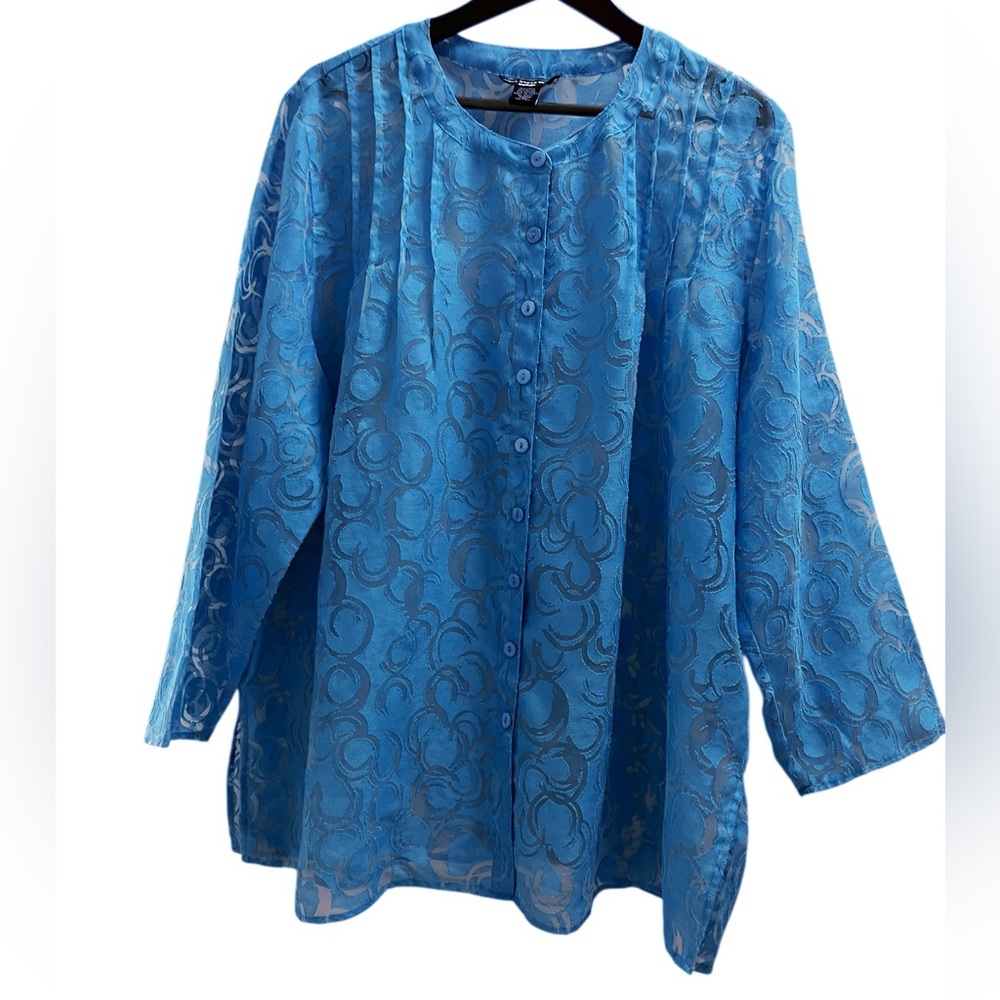 Saint Tropez West Sheer Blue Linen Blend Blouse Size 2X Tropical Beachy Resort